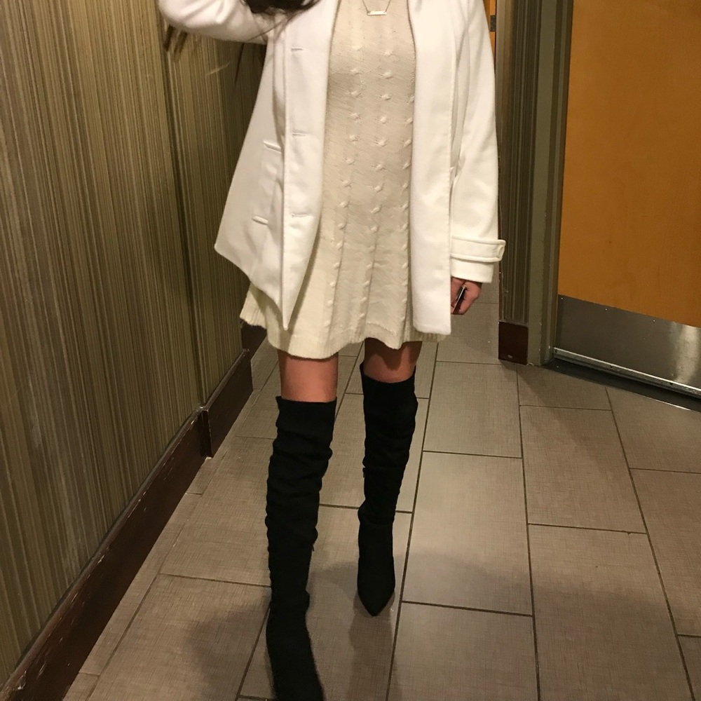 Thigh High Black Velvet Boots With Gold Heel!